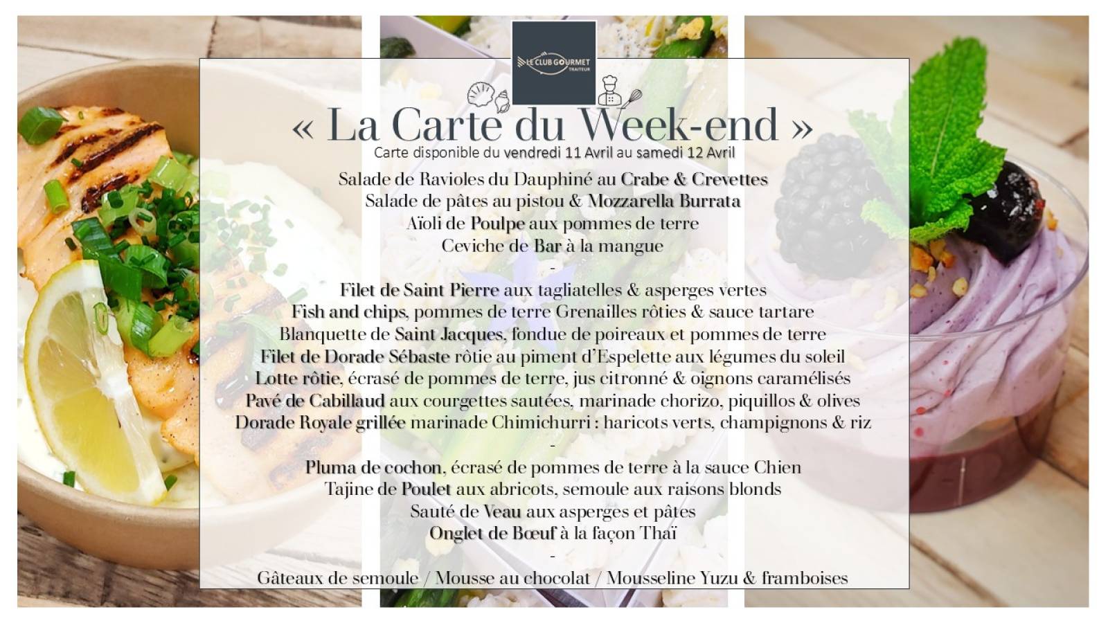 Trouver la carte du week end du Club Gourmet traiteur au Vésinet proche Paris